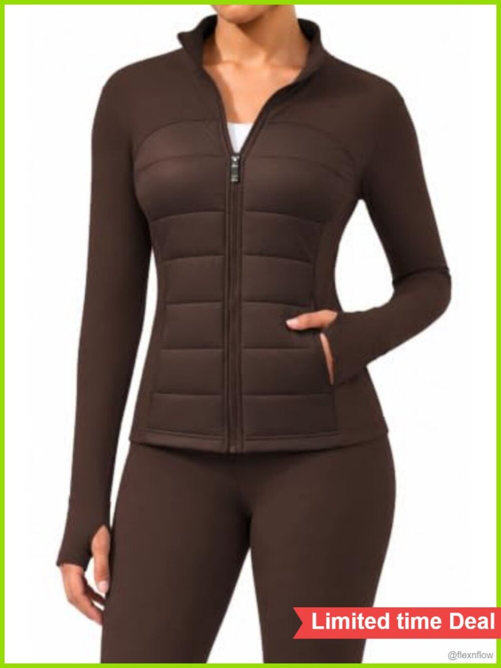Womens 2 Piece Workout Set Nylon Quilted Jacket & Fleece Leggings